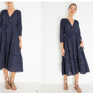 Xirena 100% Layna Dress in Lapis Navy Metallic Striped 3/4 Sleeve Maxi Dress med